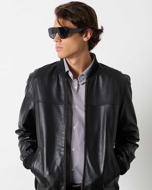 Giubbino in vera pelle nera da uomo, BLACK