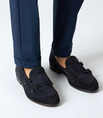 Mocassini da uomo con doppia fibbietta in camsoscio blu, Valerio 1966, 2553T0158CMBLUE039, 002
