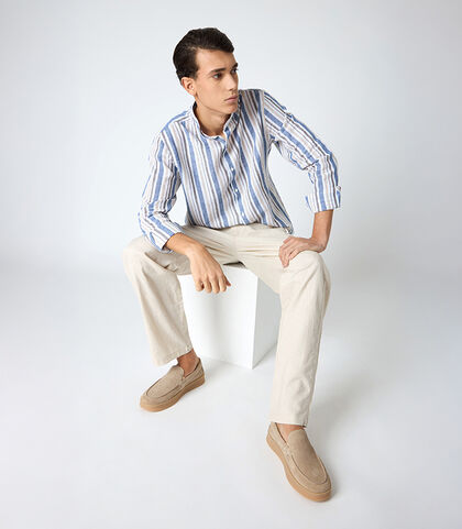Camicia da uomo in lino con collo alla coreana blu e beige, Valerio 1966, 25Z3T2301LNBLBE38, 001