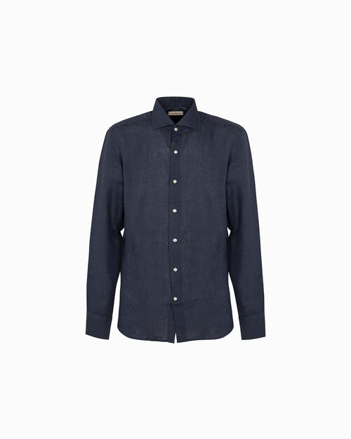 Camicia blu lino con bottoni a contrasto, BLUE