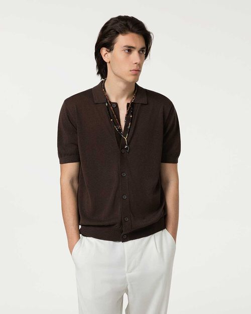 Maglione cardigan marrone con colletto a polo, BROWN