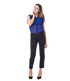 Pantaloni blu slim, con taglio laterale sul fondo