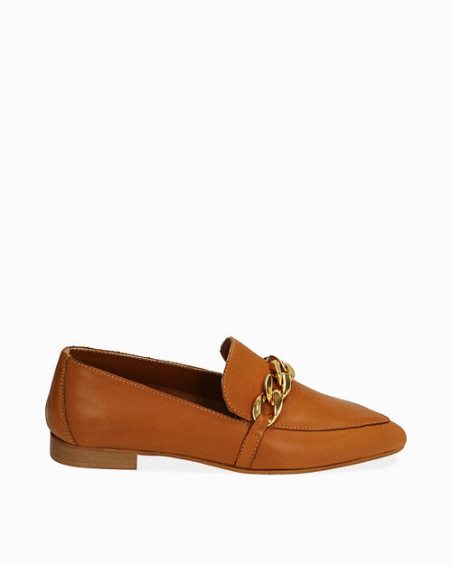 Mocassini cognac in pelle con maxi-chain, COGNAC