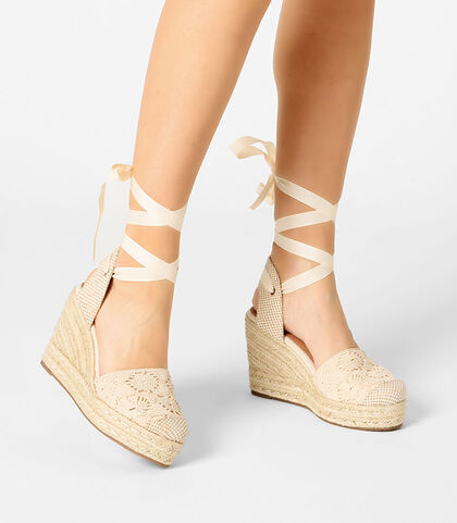 Campesine lace-up in tessuto macramè panna, Valerio 1966, 25G4T3090TSPANN035, 002