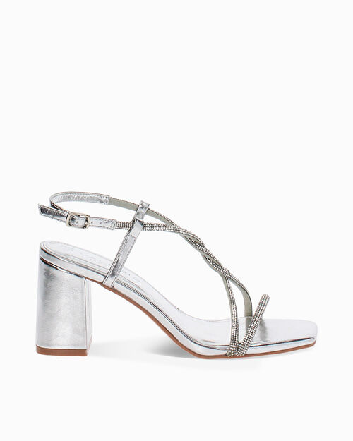 Sandalo da donna con tacco largo, laminato e pietre, color argento, SILVER