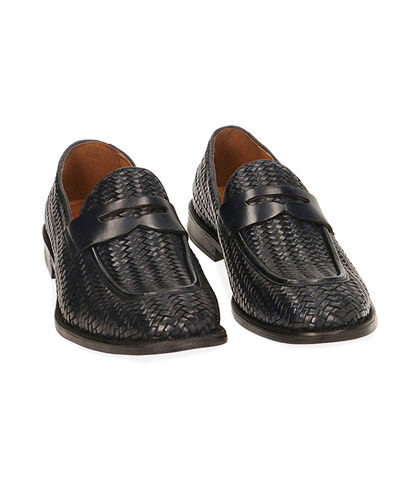 MAN SHOES MOCASSINS LEATHER-BRAIDED BLUE, Valerio 1966, 1914T9702PIBLUE039, 002