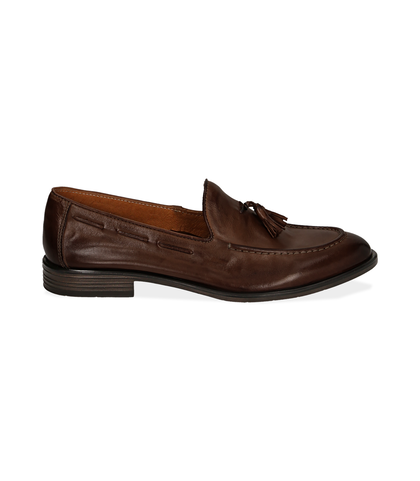 Mocassini marroni in pelle con nappina, UOMO, 1577T6401PEMARR039, 001
