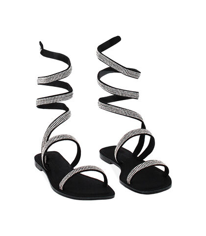Sandali da donna bassi neri con serpentina in strass, Valerio 1966, 2349T8661LYNERO035, 002
