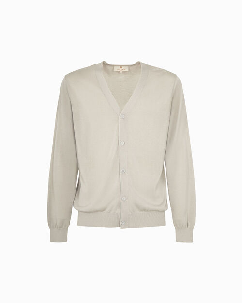 Cardigan beige con colletto a v, BEIGE