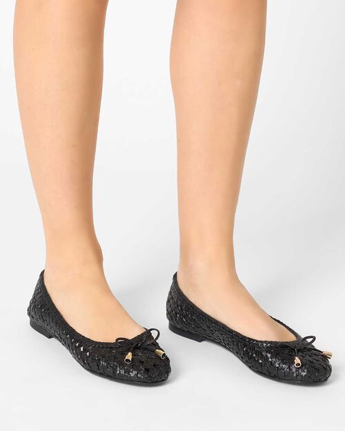 Ballerina da donna in pelle intrecciata nera, BLACK