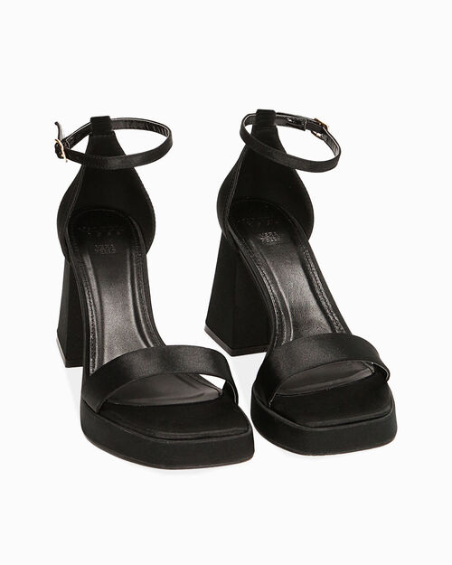 Sandali neri in raso, tacco platform 9,5 cm, BLACK