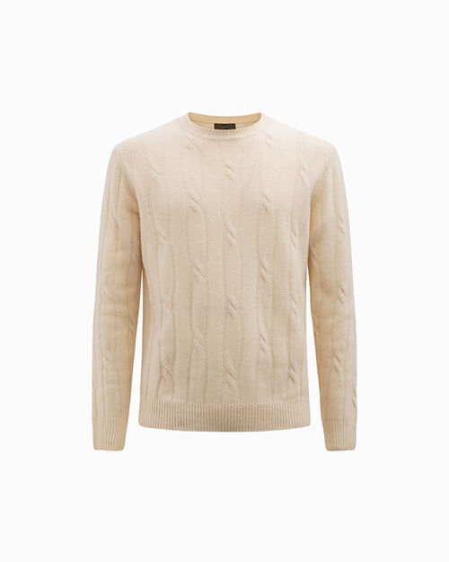 Maglione panna a trecce girocollo, CREAM