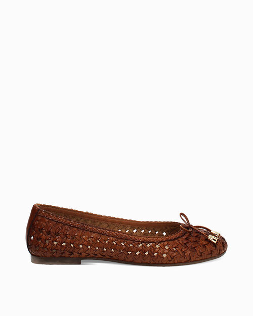 Ballerina da donna in pelle intrecciata cognac, COGNAC