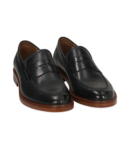 Mocassini blu in pelle, UOMO, 1577T0607PEBLUE039, 002
