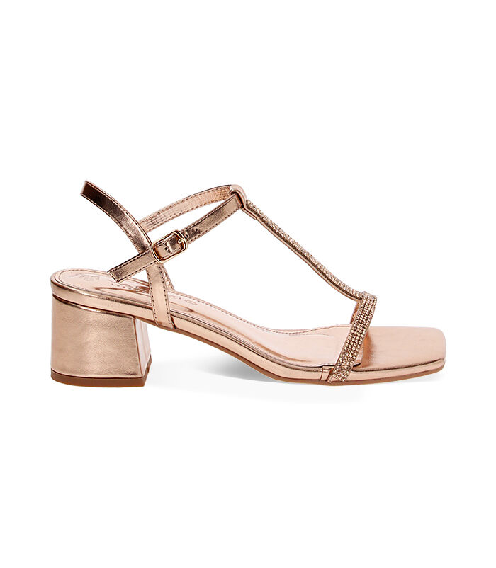 Sandalo da donna con tacco largo in laminato e pietre, color rosa-oro, Valerio 1966, 2549T4515LPRAOR036