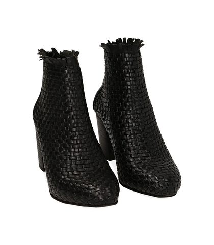 Ankle boots neri in pelle intrecciata, tacco 7,50 cm , Valerio 1966, 15C5T5018PINERO035, 002