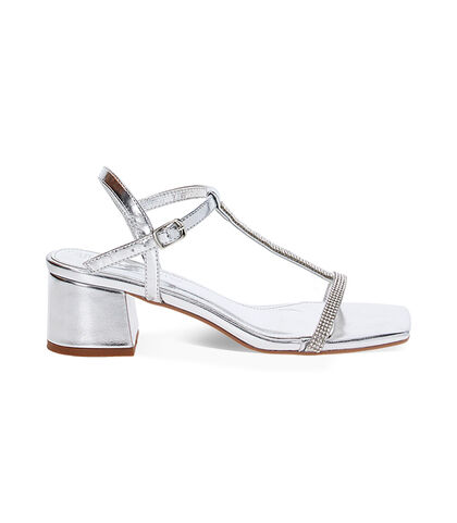 Sandalo da donna con tacco largo in laminato e pietre, color argento, Valerio 1966, 2549T4515LPARGE035, 001