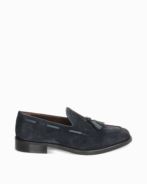 Mocassino in camoscio blu con nappina, BLUE