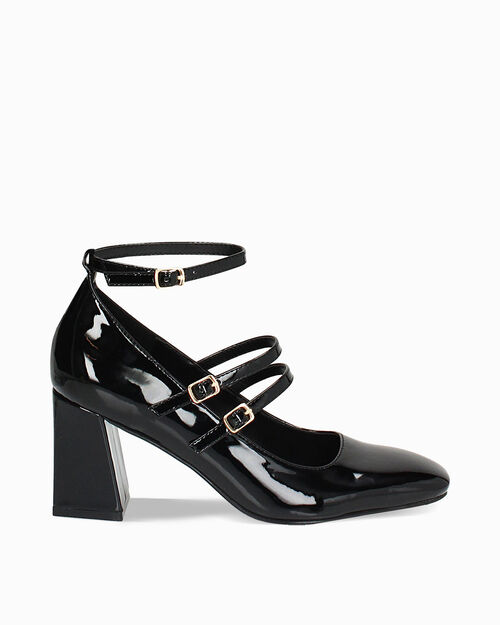 D&eacute;collet&eacute; nere in vernice con stringhe, tacco 7,5 cm, BLACK