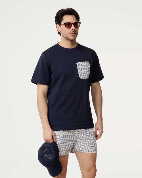 T-shirt blu con taschino fantasia, BLUE