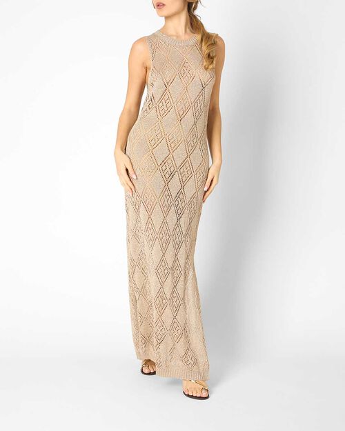 Vestito da donna in maglina oro, con spalla larga, GOLD