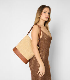 Borsa a secchiello da donna in rafia beige, Valerio 1966, 2523T4558RFBEIGUNI, 002 preview