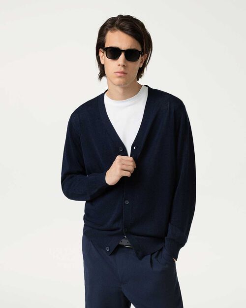 Cardigan blu con collo a v, BLUE