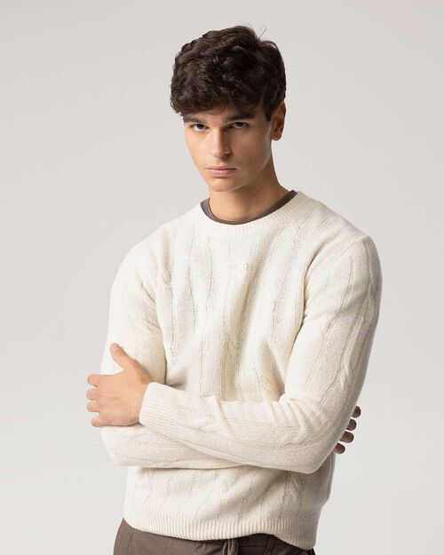 Maglione panna a trecce girocollo, CREAM