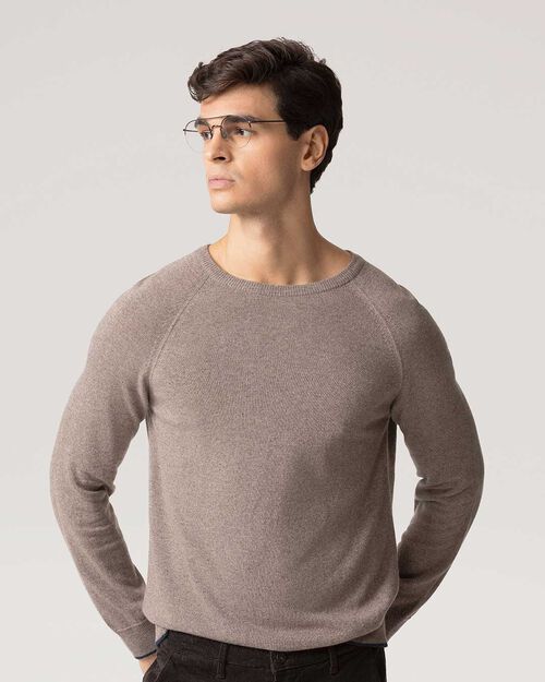 Maglione taupe girocollo a costine, TAUPE