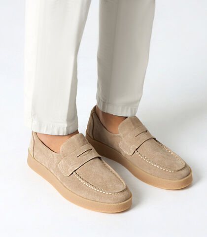 Mocassino da uomo in camoscio beige con fondo crepes, Valerio 1966, 25U6T9808CMBEIG039, 002