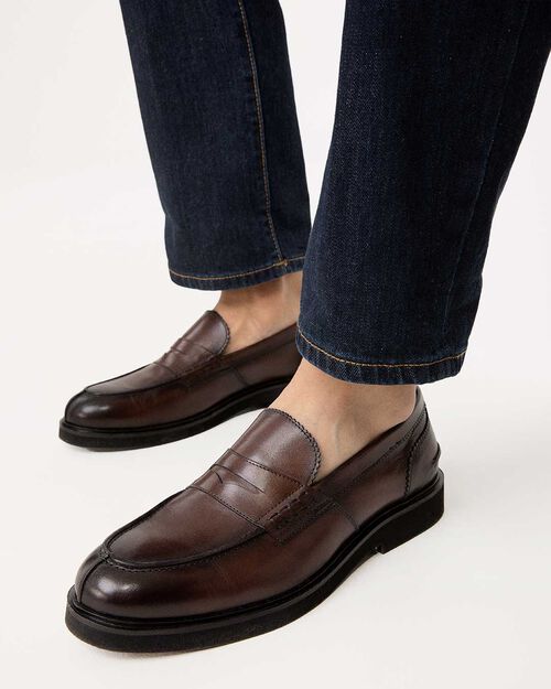 Mocassino testa di moro cuciture decorative, DK BROWN