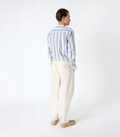 Camicia da uomo in lino con collo alla coreana blu e beige, Valerio 1966, 25Z3T2301LNBLBE38, 002