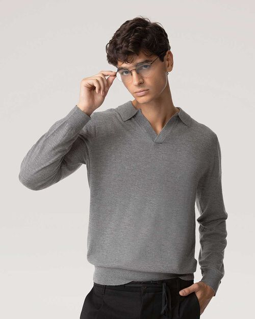 Maglione grigio collo a v e colletto, GREY