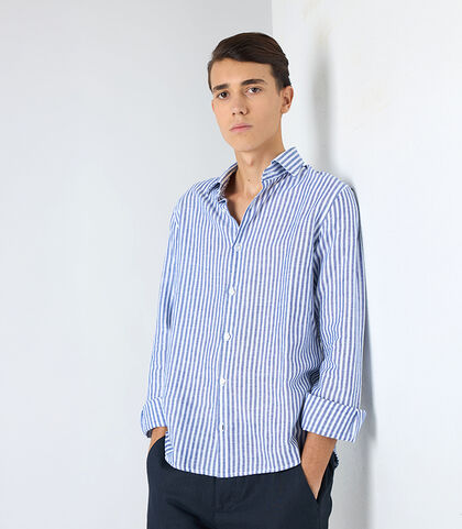 Camicia da uomo in lino bianca e blu, Valerio 1966, 25Z3T2302LNBIBL38, 001