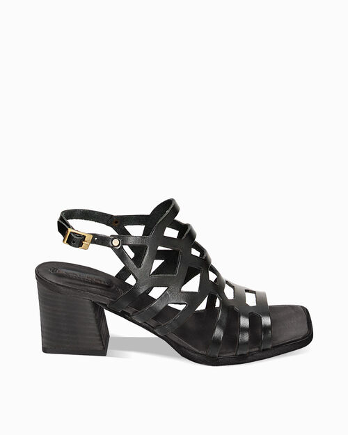 Sandalo da donna in vacchetta intrecciata nero, tacco largo 7,5 cm, BLACK