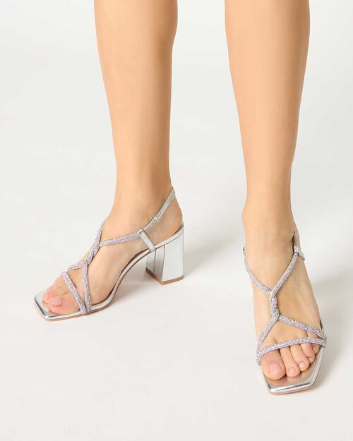 Sandalo da donna con tacco largo, laminato e pietre, color argento, SILVER