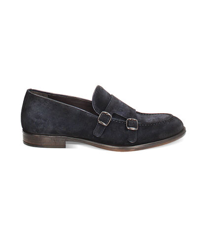 Mocassini da uomo con doppia fibbietta in camsoscio blu, Valerio 1966, 2553T0158CMBLUE039, 001