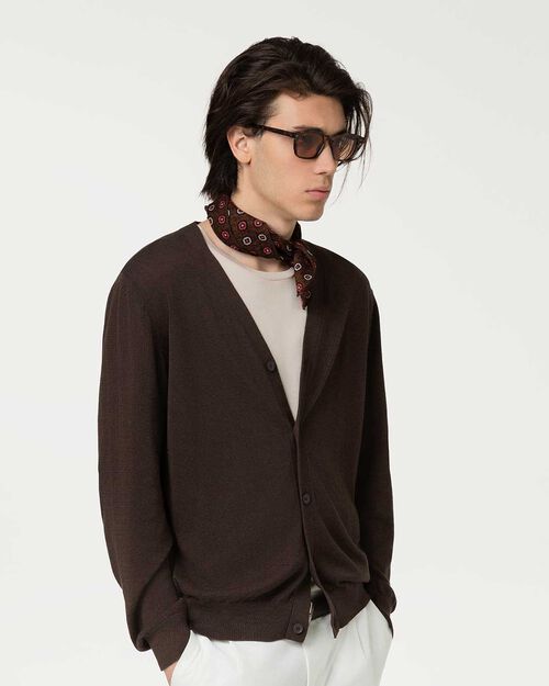 Cardigan marrone con collo a V, BROWN