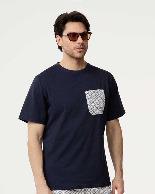 T-shirt blu con taschino fantasia, BLUE