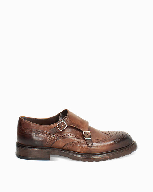 Mocassino in pelle marrone con doppia fibbia, BROWN