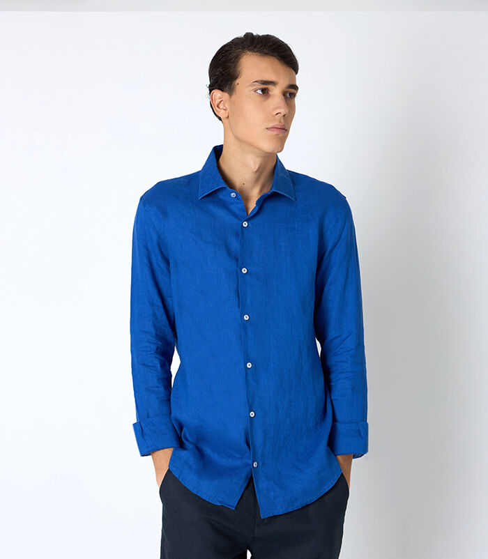 Camicia da uomo in lino blu cobalto, Valerio 1966, 25Z3T2302LNBLCO40