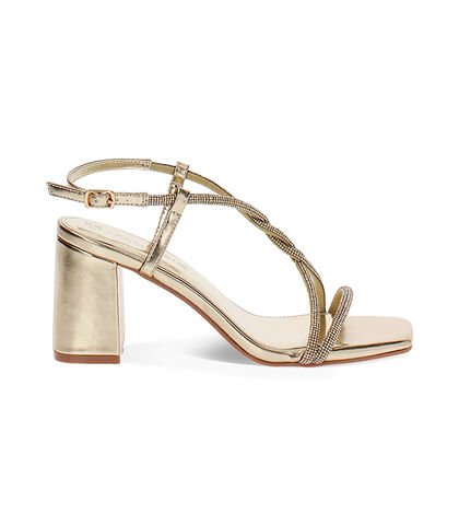 Sandalo da donna con tacco largo, laminato e pietre, color oro, Valerio 1966, 2549T6327LPOROG035, 001