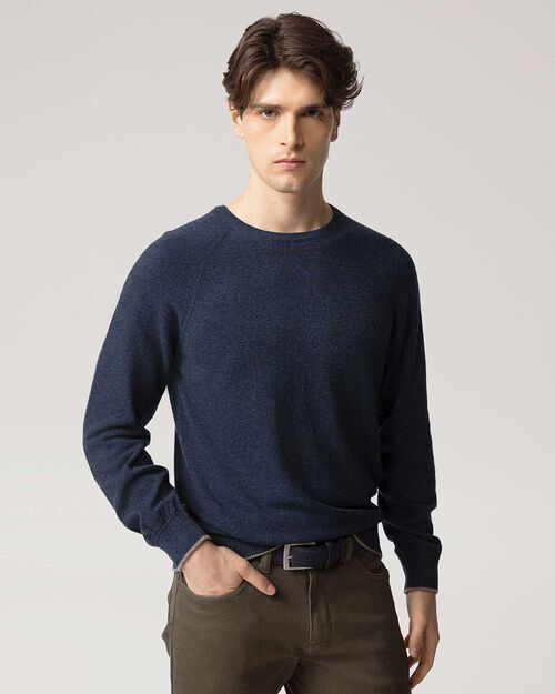 Maglione blu girocollo a costine, BLUE