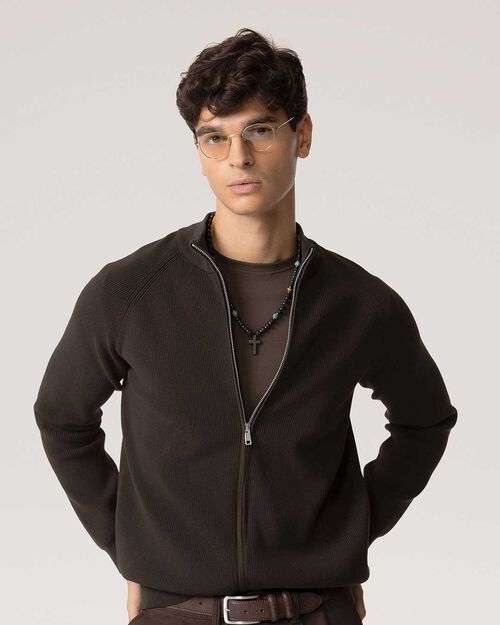 Maglione marrone con zip centrale, BROWN