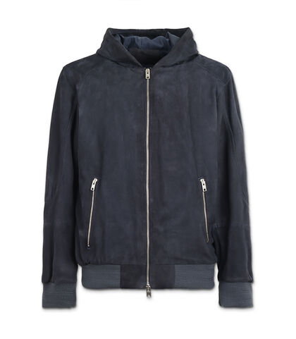 Giubbino da uomo con cappuccio di camoscio blu, Valerio 1966, 25Z4T0866CMBLUE42, 001
