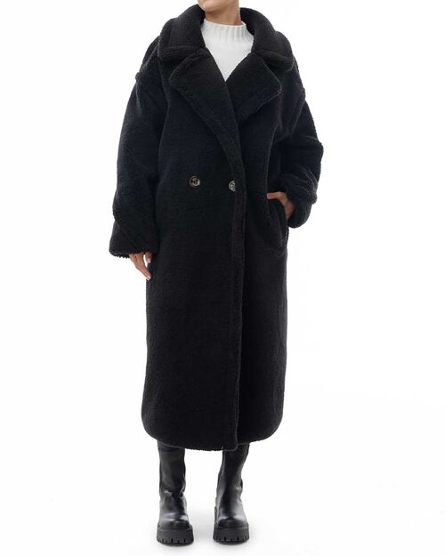 Cappotto teddy lungo nero, BLACK