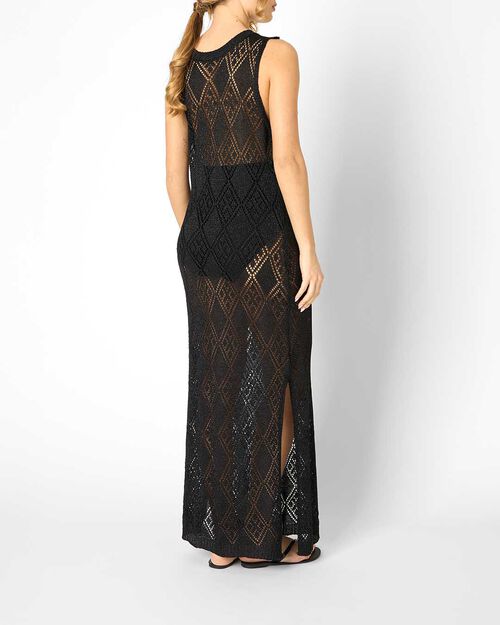 Vestito da donna in maglina nero, con spalla larga, BLACK