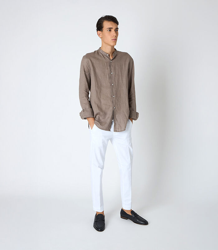 Camicia da uomo in lino con collo alla coreana fango, Valerio 1966, 25Z3T2301LNFANG38