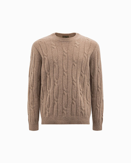 Maglione beige in lana con trecce, BEIGE