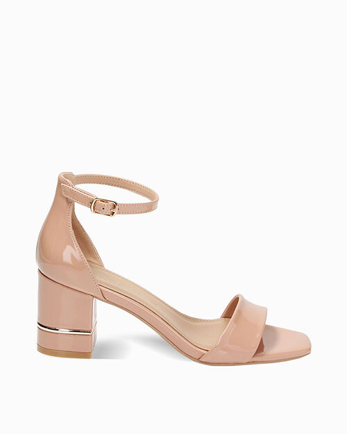 Sandali donna in vernice nude, tacco basso largo 8 cm, NUDE